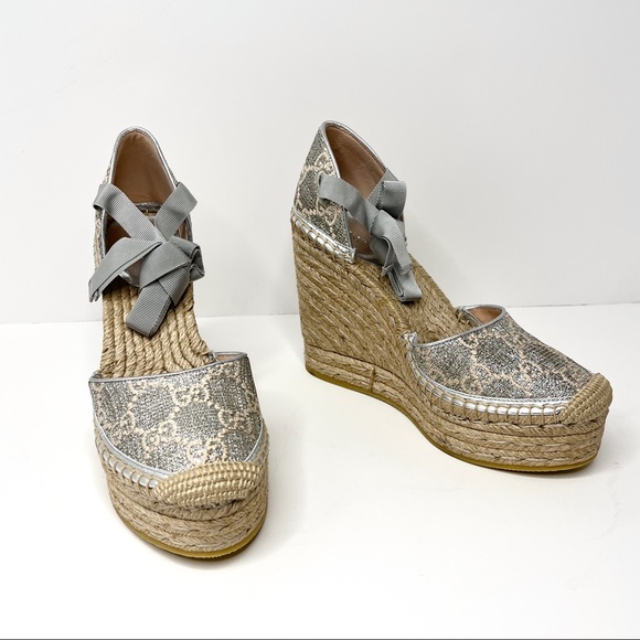 Gucci Shoes - Gucci Silver 623146 GG Logo Platform Espadrille Shoes Sandals Size 37 Ribbon Tie